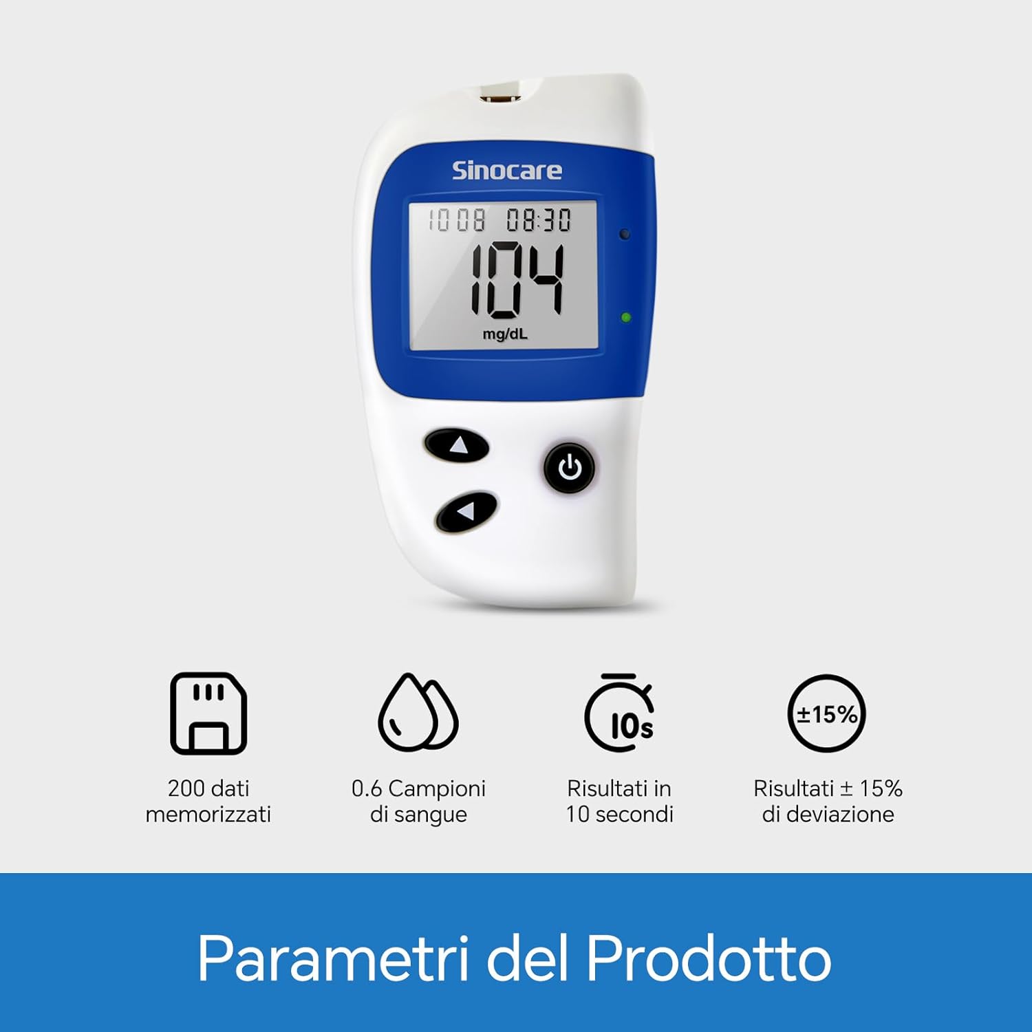 Sinocare Safe Accu2 product parameters: 200 memory, 0.6 microliter sample, 10 second results, +/-15% deviation