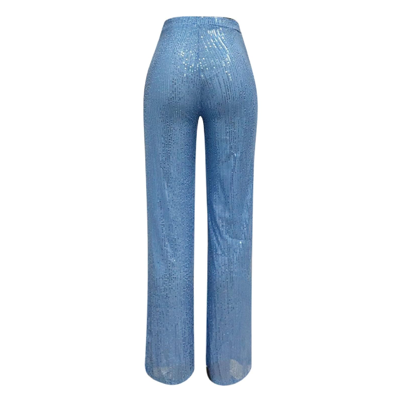 Pantaloni a zampa, alla moda, da donna, a gamba larga, per carnevale, con paillettes, in vita elasticizzata, con brillantini, da sera, per feste