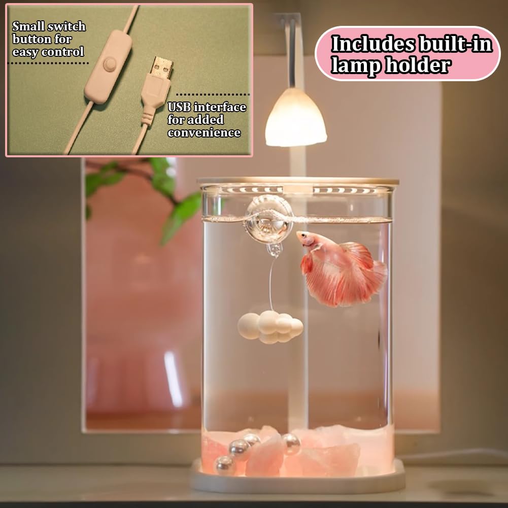 Mini-Desktop-Glas-Fischbecken mit LED-Licht – hohe Transparenz kleines Aquarium für Anfänger, verdicktes tragbares Design, ideale Raumdekoration und Ornament