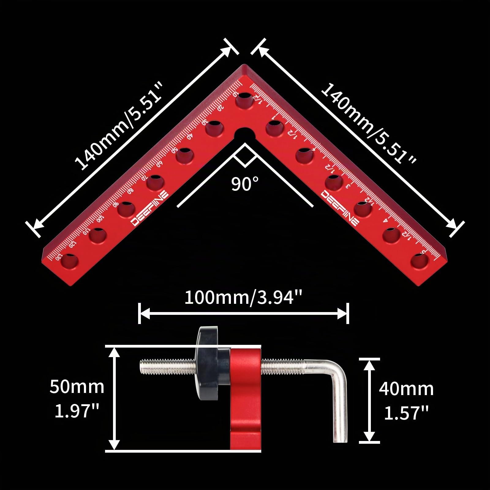 90 Grad Winkel Klemme Positionierwinkel 140mm/5,5 Zoll, 4 Paare Befestigungsclips, Messwinkel Rechtwinklige Klemme für Zimmermannswerkzeug, Winkelspanner für Bilderrahmen Regalschränke (Rot)