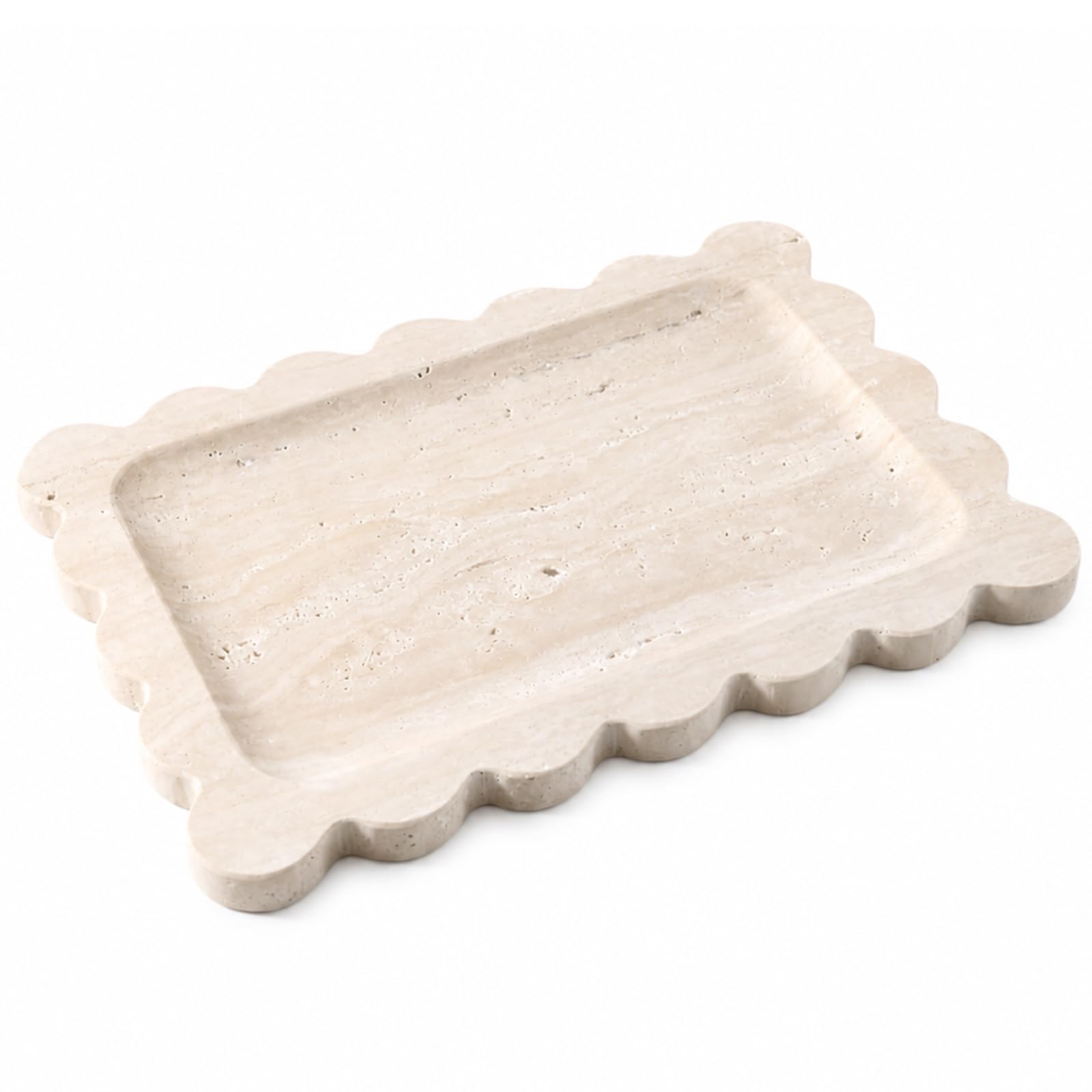 Koville Romano Travertine Vanity Tray, 11"x8" Natural Stone Organizer Tray for Countertop Bathroom Kitchen Dresser, Marble Decorative Scalloped Tray for Jewelry Cosmetics Perfume Trinket(Beige)