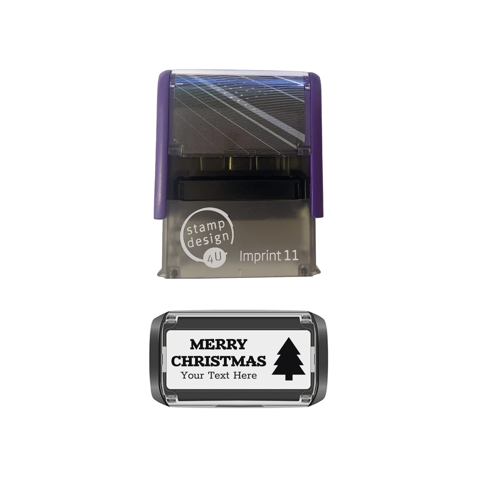 Imprint 11 Personalised Christmas Self Inking Rubber Stamp - Plain Christmas Tree and Message in Black Ink