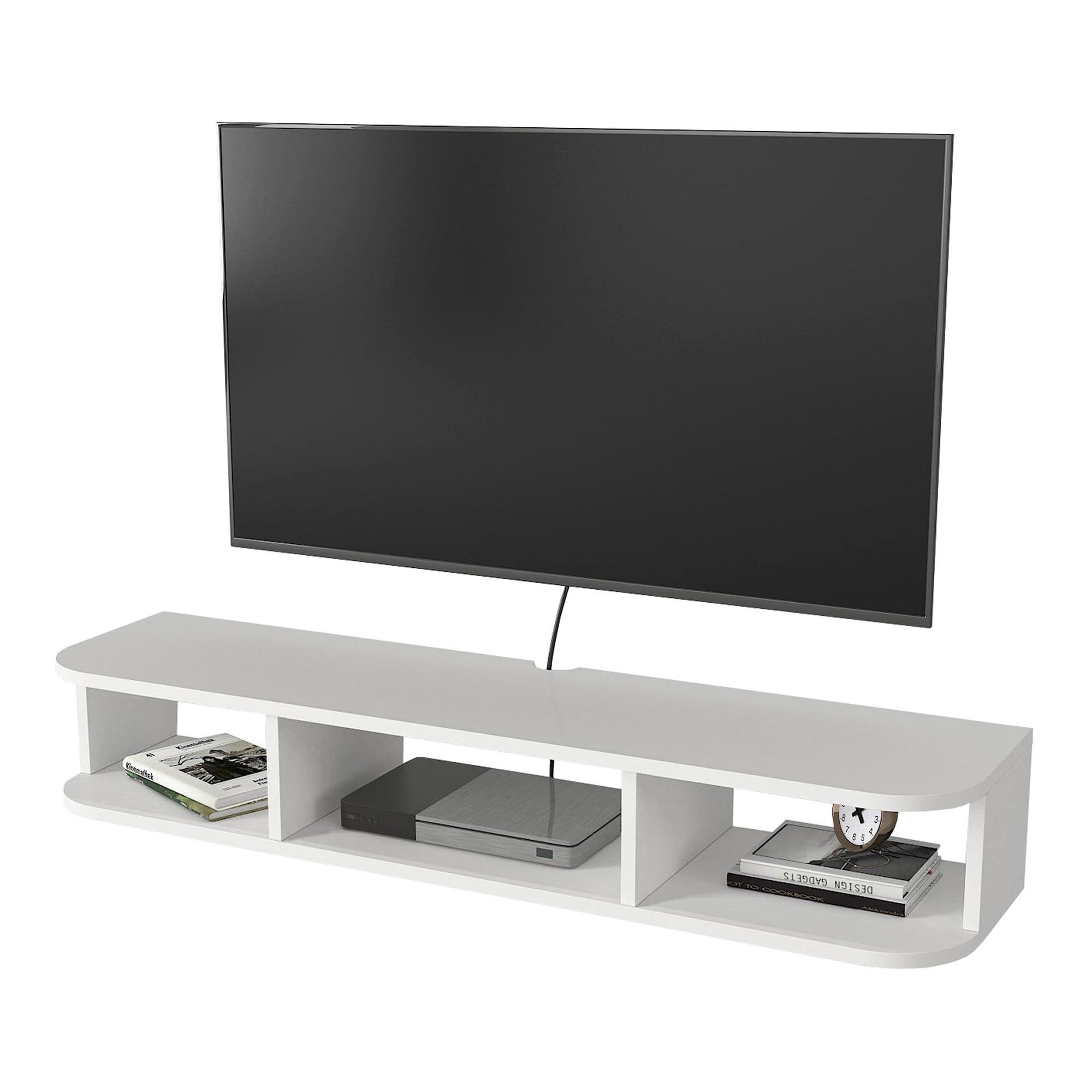 [en.casa] Mobile Porta TV Sospeso con 3 Vani Portaoggetti Scomparti Aperti Mensola da Parete Stand Multimediale con Passacavi 120 x 30 x 19 cm per Soggiorno - Bianco