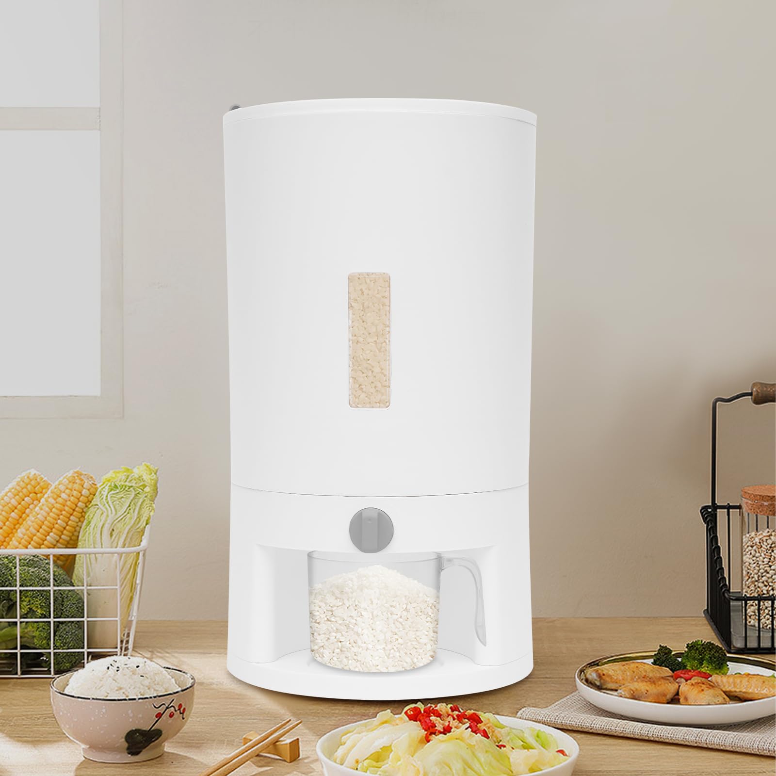 Contenedor de arroz de 20 l para cocina, alimentos, cereales, arroz, dispensador de cereales de plástico, con vaso medidor y ventana, para arroz, harina, cereales, nueces, frijoles