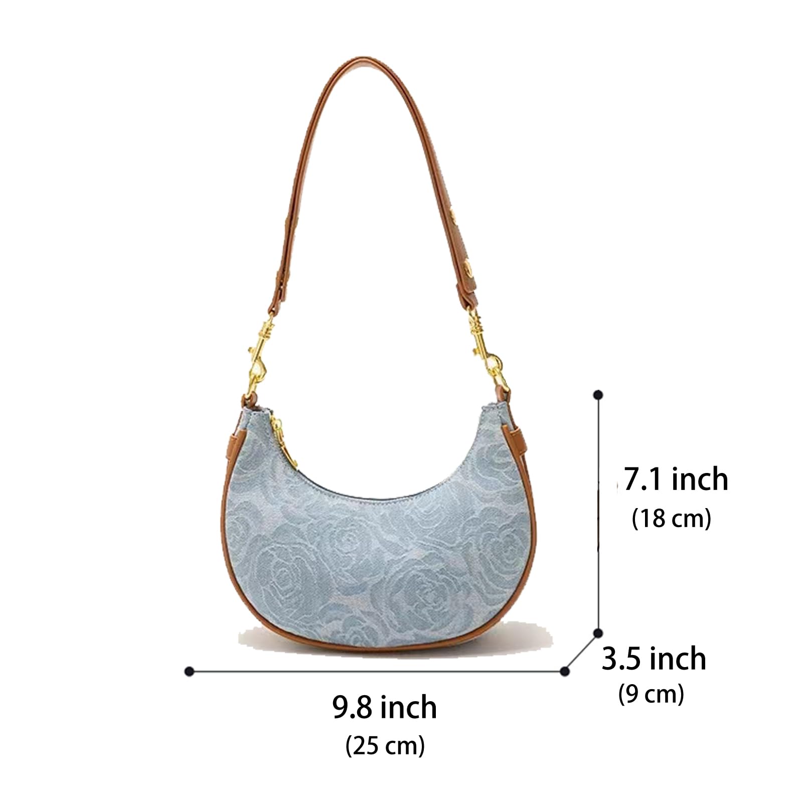 Small Vegan Leather Crescent Shoulder Bag for Women Zipper Underarm Small Purses Quilted Handbag with Denim Blue Pocket (Blue rose)