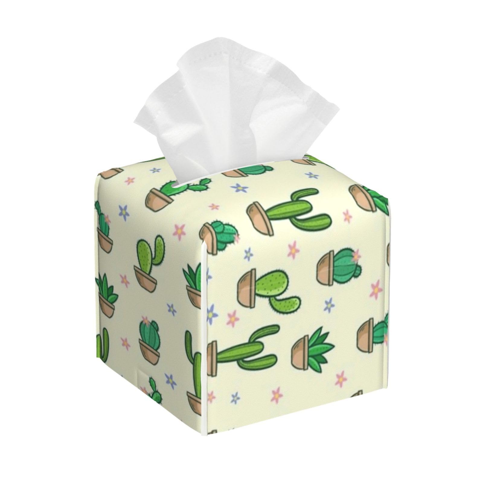 Cute Cactus Tissue Box Cover 5" Square Leather Tissue Holder Facial Tissue Case for Tabletop Bedroom Bathroom Desk Decor