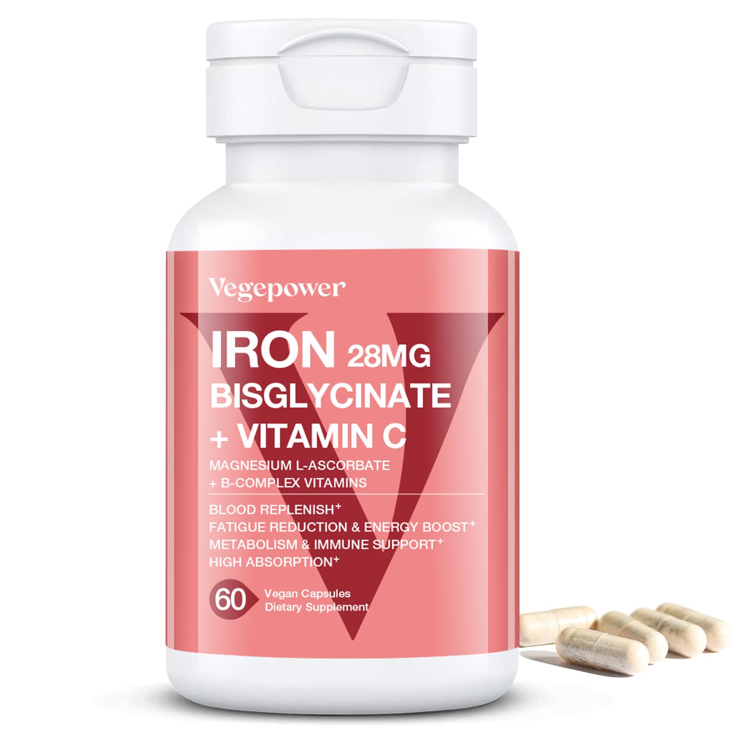 Iron Supplements for Women, Vegan Iron Bisglycinate 28mg Plus Vitamin C, Folic Acid - Iron Pills for Anemia, Iron Deficiency & Energy Support - High Absorption, Gluten-Free, Non-GMO - 60 Capsules