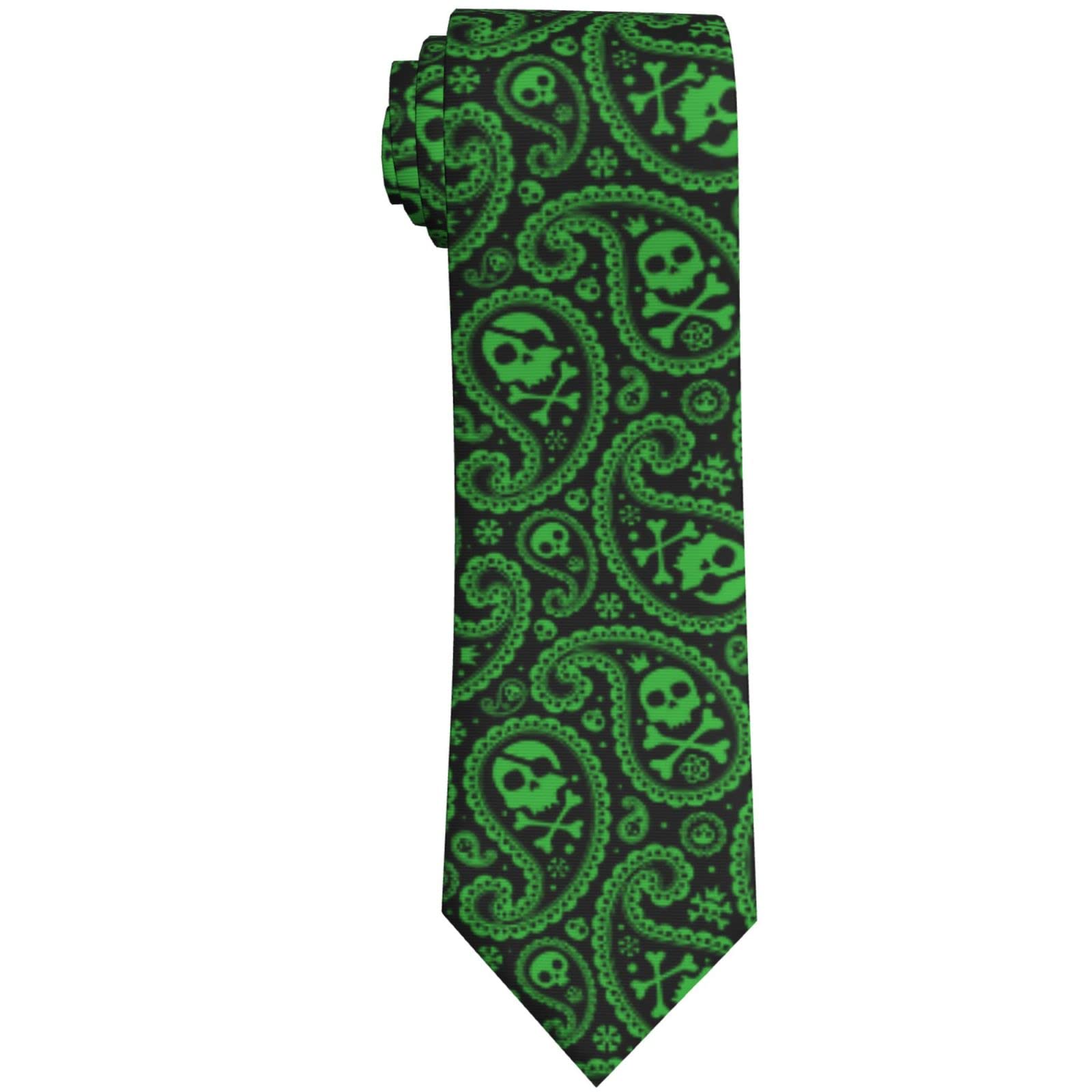 KWQDOZF Black and Green Paisley Skull Ties For Men Neck Tie Men'S Novelty Neckties