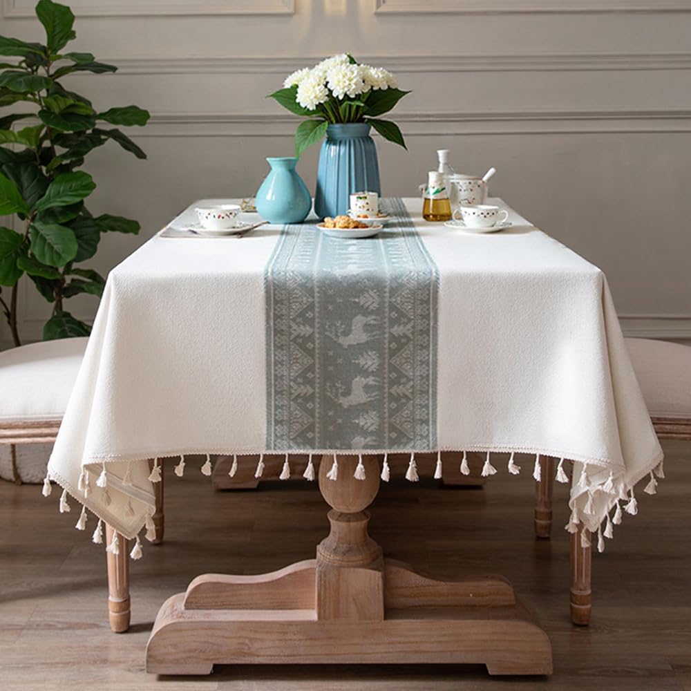 Pahajim Table cloths Rectangular Cotton Linen Tablecloth with Tassel Dust-Proof Washable Table Cover for Kitchen Dinning Outdoor Tabletop Decorations (White,55 x 87 Inch)
