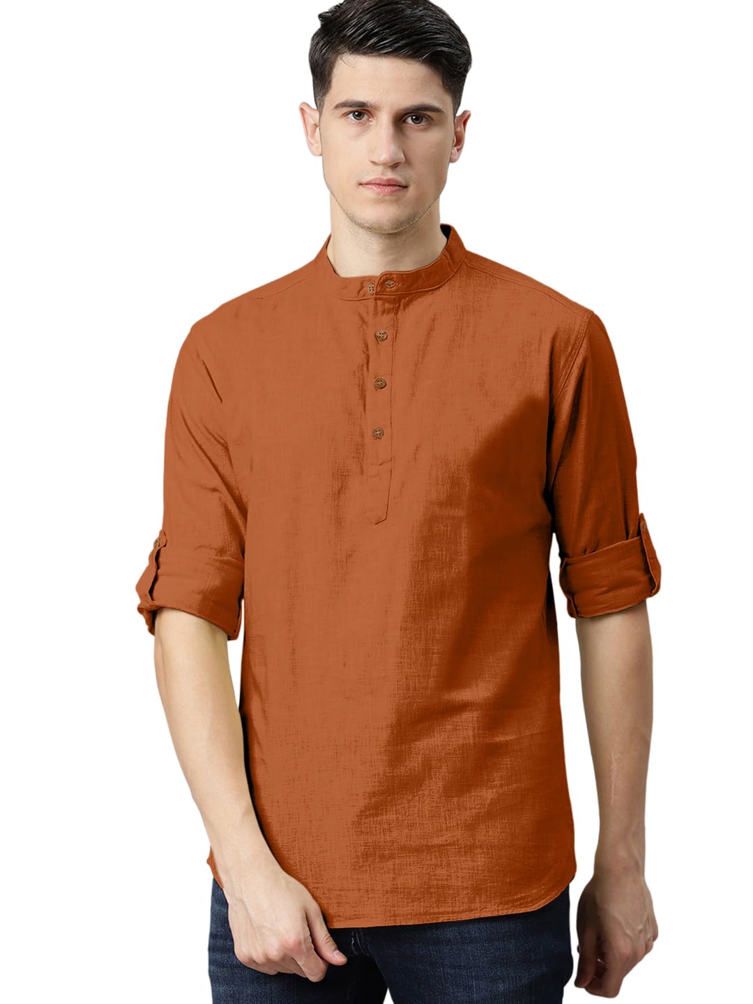 zombom Men's Cotton Polyester Blend Solid Casual Regular Fit Mandarin Collor Short Kurta for Men-picture-12