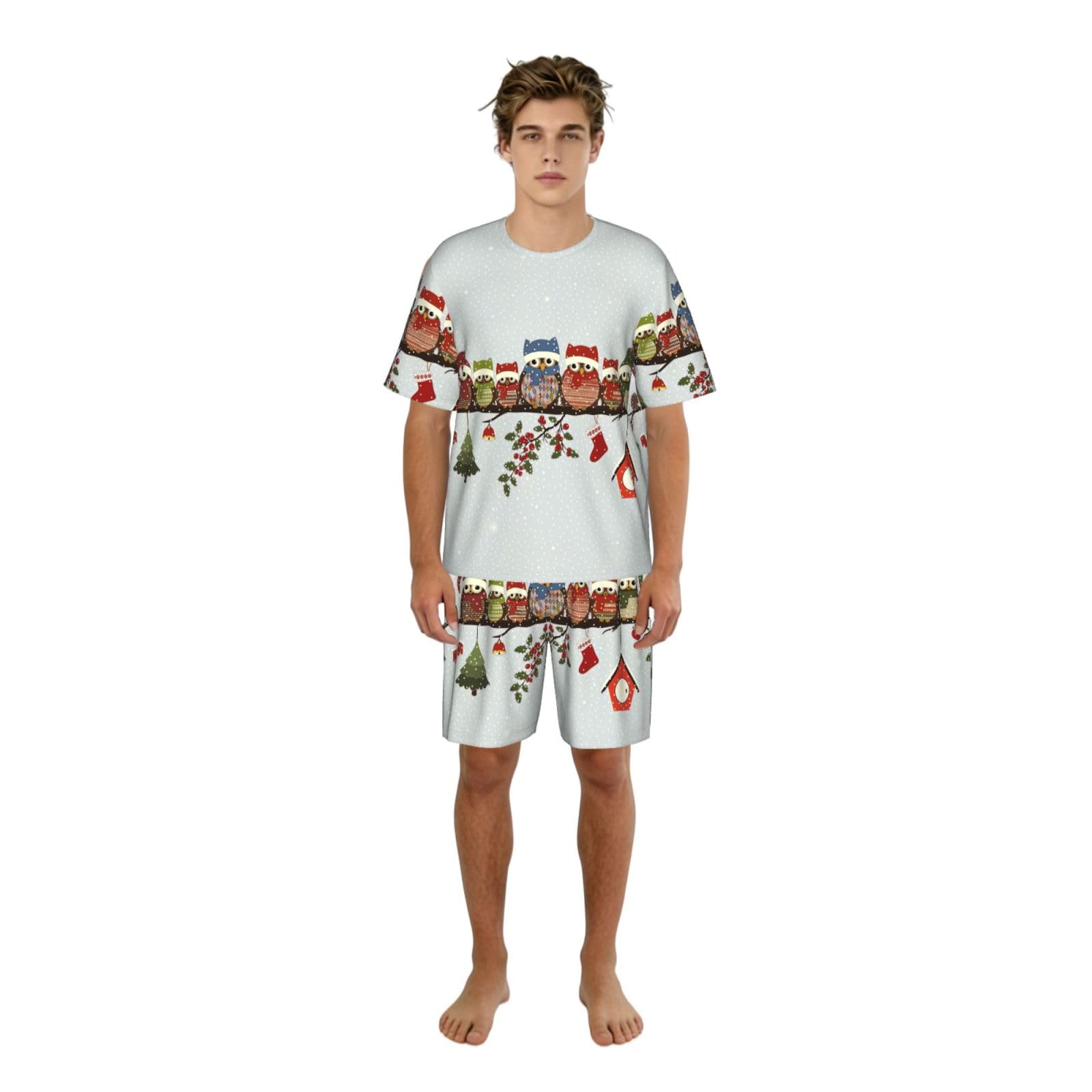Pijama de búhos de dos piezas ropa de dormir ligera para hombre con bolsillos 8