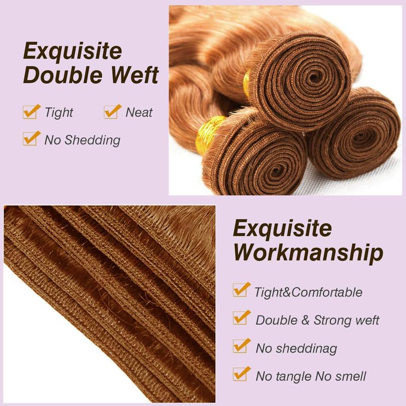 #30 Light Brown Body Wave Human Hair Bundles 12 14 16 Inch Bundles Human Hair Body Wave Brazilian Virgin Quick Weave Hair for Black Woman 100 Gram Per Bundle