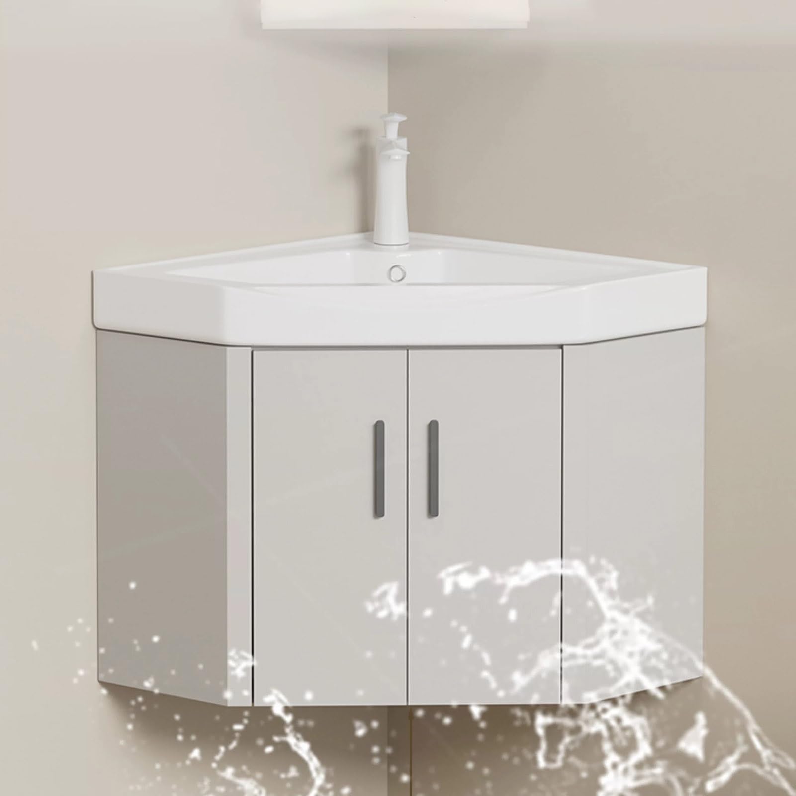 GLJTUO Corner Wall Mount Bathroom Sink with Storage Container and Mirror Gray Corner Ceramic Sink Vanity,One Color-No mirror