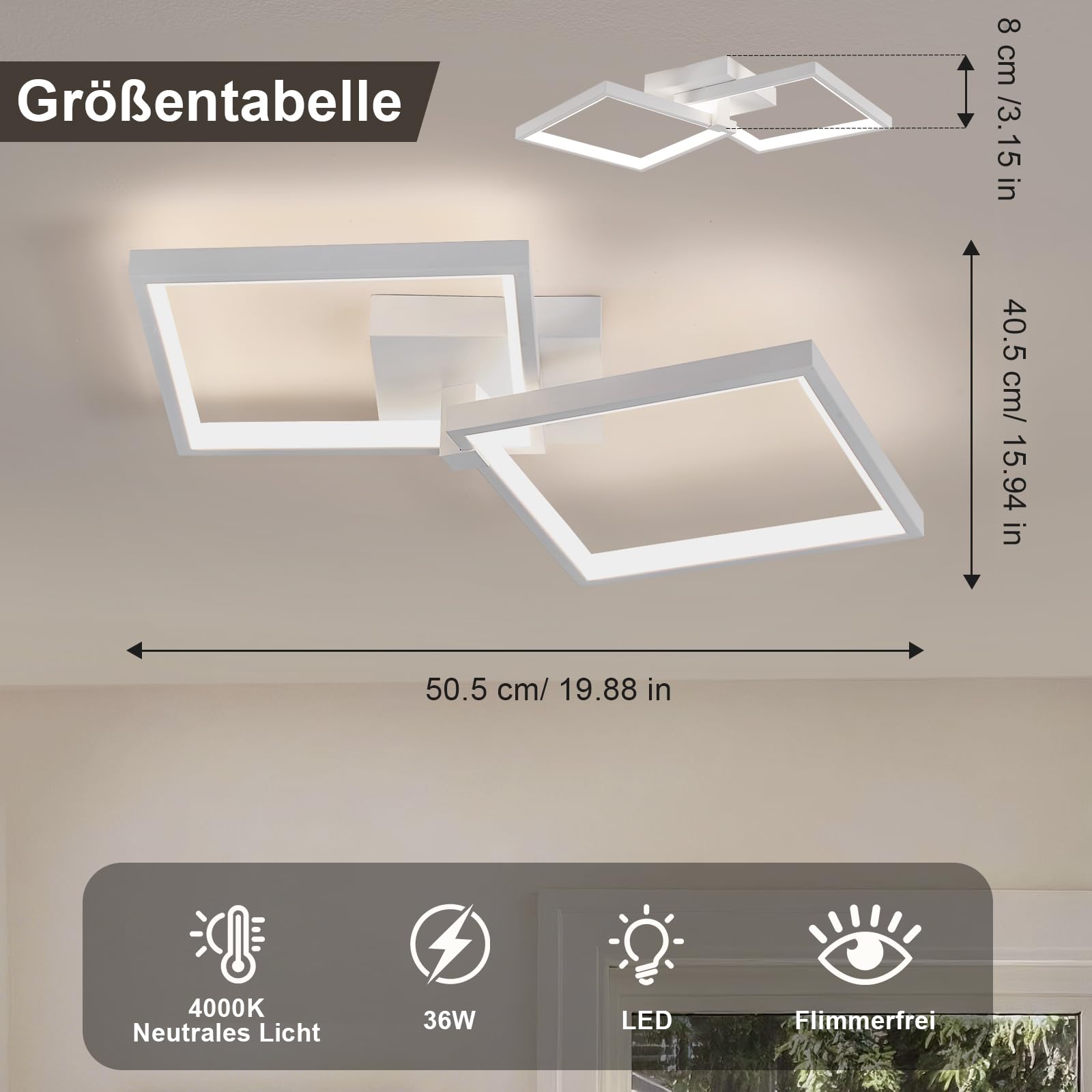 Qamra Plafonnier LED Moderne, Plafonnier carré de 51 cm