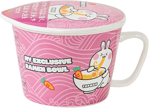 Tazón de cerámica para ramen con tapa, asa, 34 onzas, diseño de dibujos animados de animales, apto para microondas y lavavajillas (Foodie Bunny)