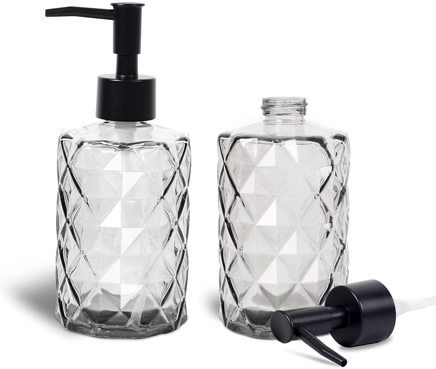 AVFORA Seifenspender, 2 Stück, Glas-Seifenspender-Flasche mit Pumpe, 330 ml/12 Unzen, nachfüllbare Handseifenspender-Flasche mit 14 Etiketten for Waschbecken, Küche, Badezimmer, Waschküche