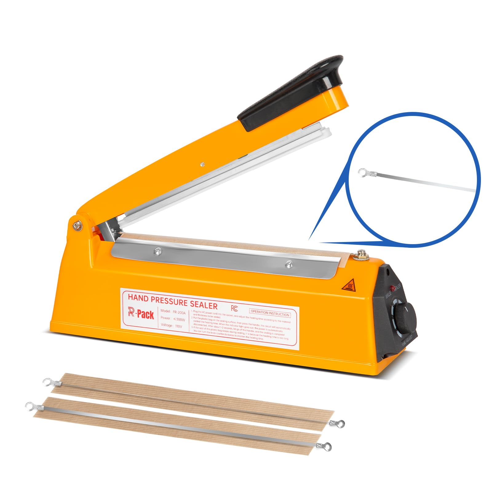 R-PACK Impulse Heat Sealer with Cutter, Heavy-Duty Bag Sealing & Cutting Machine, 2 Extra Replacements(Orange, 8inch) - Image 3