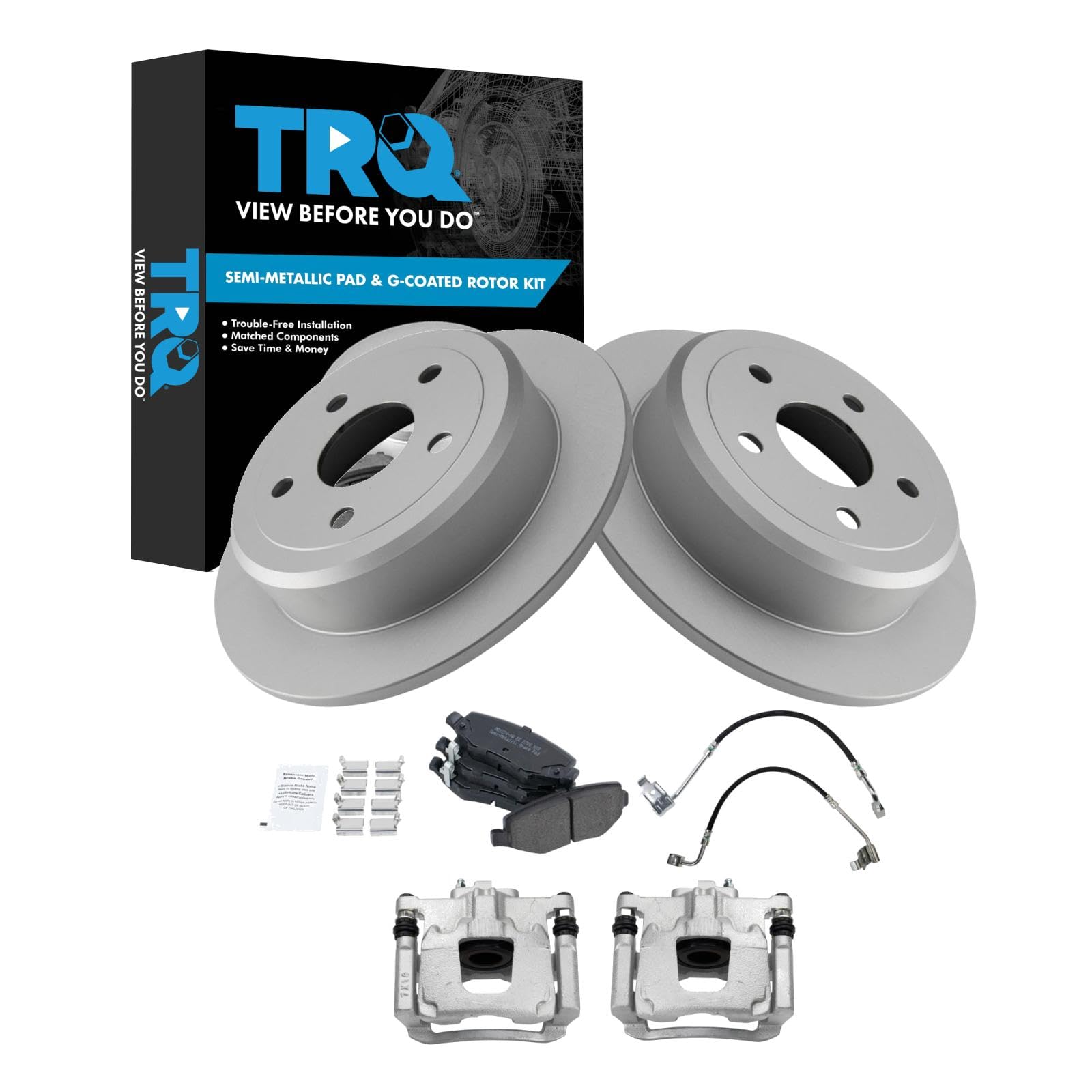 TRQ Rear Brake Pad &amp; Rotor Kit Semi-Metallic Premium G-Coated