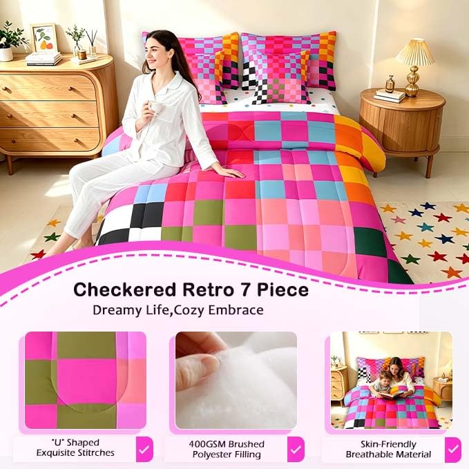 Image of Feelyou Multicolored Checkered Retro 7 Piece Bedding Set Kids Boys Girls Geometric Vintage Comforter Set with Sheets Queen Size Black Red Purple Bed in a Bag Modern Simple Groovy Aesthetic Room Decor