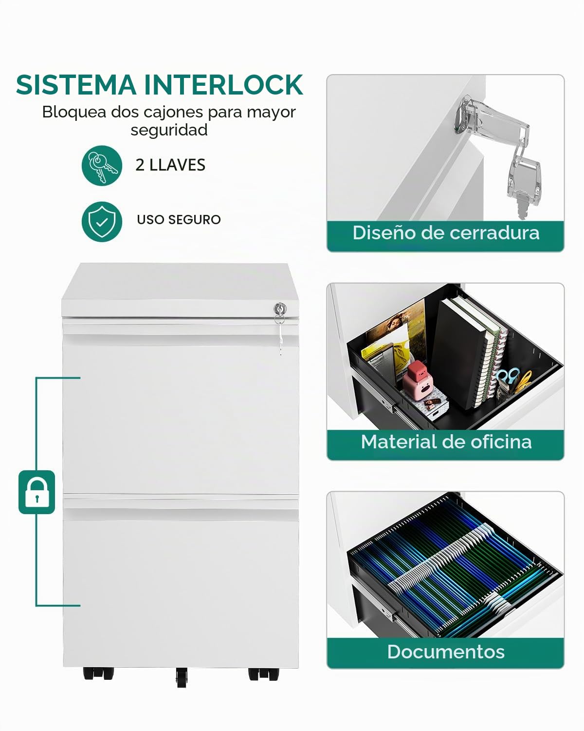 YITAHOME Archivador móvil con 2 cajones con cerradura, archivador antivuelco con rueda para oficina en casa, blanco, 51x39x71 cm