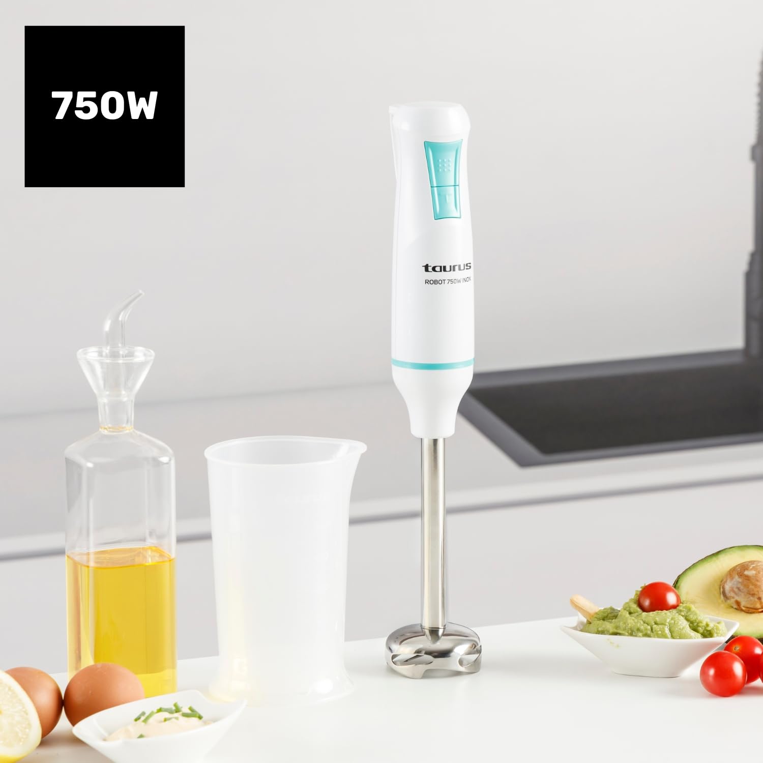 Taurus Mikser ręczny Robot 750 Inox, 750 W, 2 prędkości + Turbo, ostrza i pręt ze stali nierdzewnej, kompaktowy i ergonomiczny, łatwy montaż, okap zapobiegający rozpryskiwaniu | bez BPA, akcesoria