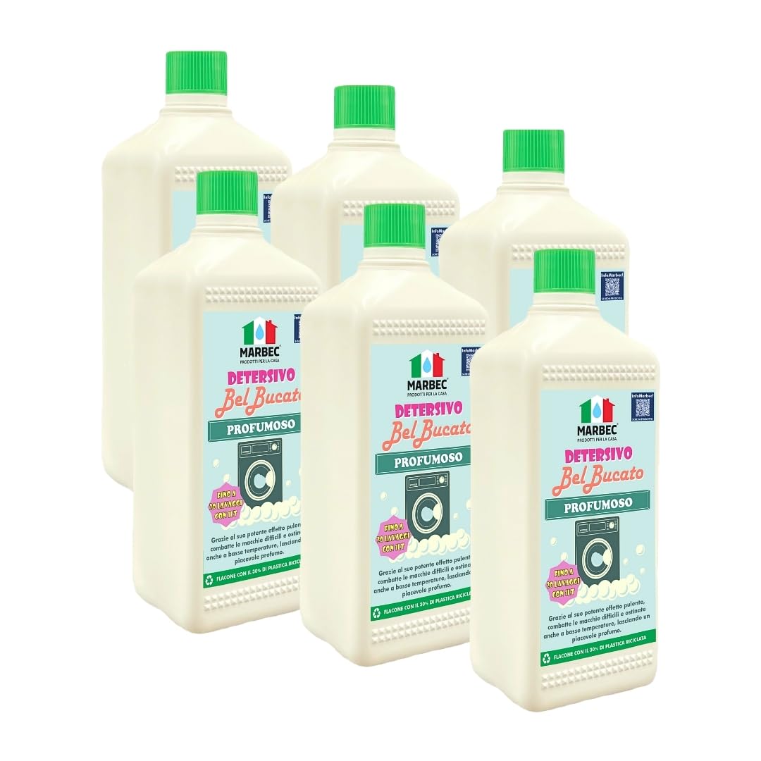 MARBEC DETERSIVO BelBucato Profumoso 1LTx6PZ Detersivo liquido concentrato per bucato a mano e in lavatrice, dal profumo fresco di pulito