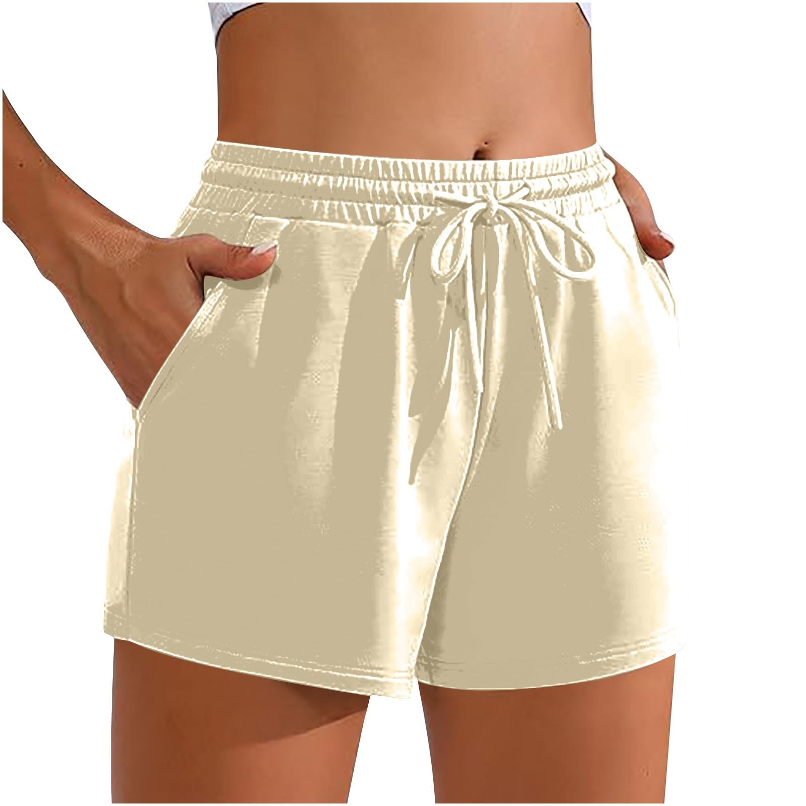 Athletic Shorts for Women Casual Loose Drawstring Solid Color Workout Shorts Stretch Quick Dry Running Gym Yoga Shorts Beige