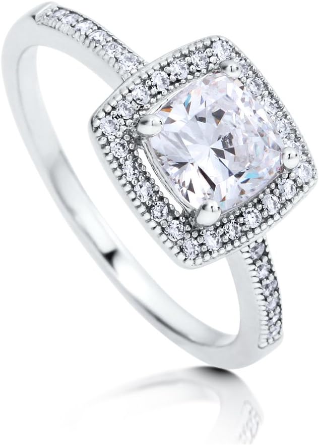 BERRICLE Rhodium Plated Sterling Silver Cushion Cut Cubic Zirconia CZ Halo Promise Wedding Engagement Ring 1.4 CTW Size 6