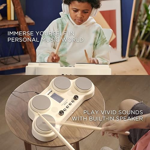 Miniatura 13 de PD405 Juego de batería eléctrica de mesa, con 163 sonidos de percusión, 4 almohadillas sensibles a la velocidad, 2 pedales y baquetas, regalo