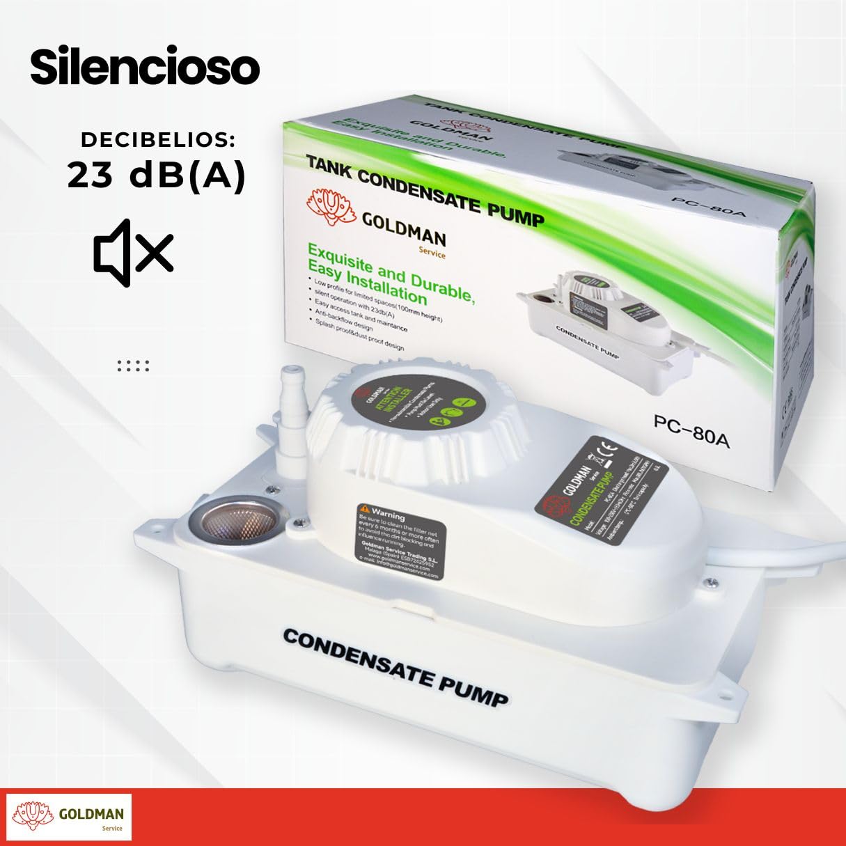 GOLDMAN SERVICE | Bomba de Condensado Automática Silenciosa para Drenaje y Desagüe de Agua de Aire Acondicionado | Flujo 80 Litros/Hora