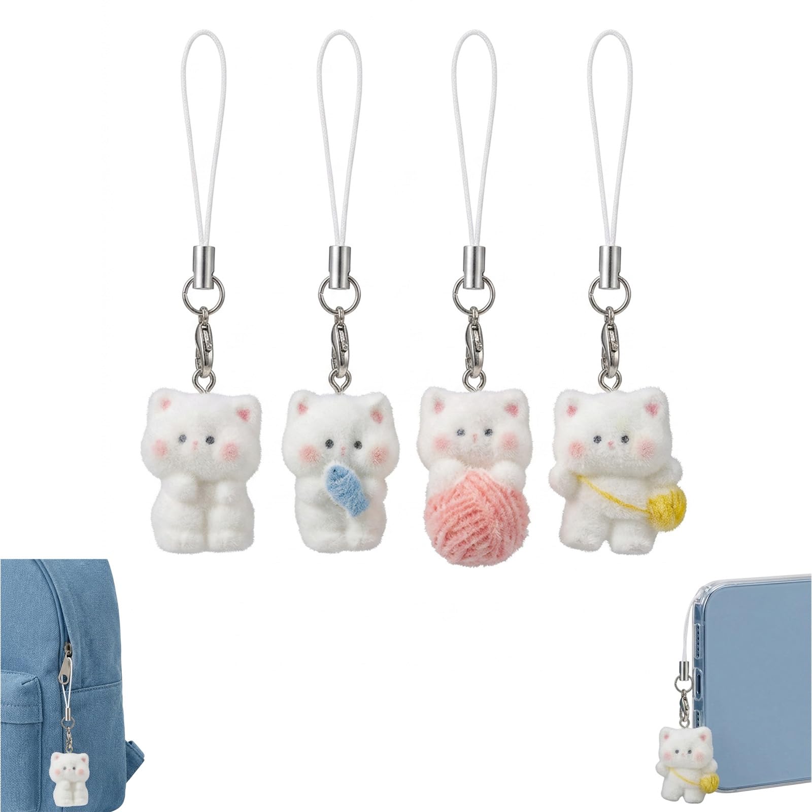 4Pcs Different Designs Flocked Kitten Phone charms, Keychain for Girls Cute | Cute Gifts, phone Keychain Bag, Can Use on Phone Keychain, Phone Accessories for Girls, 4Pcs Different Phone Charms for Girls-image-46