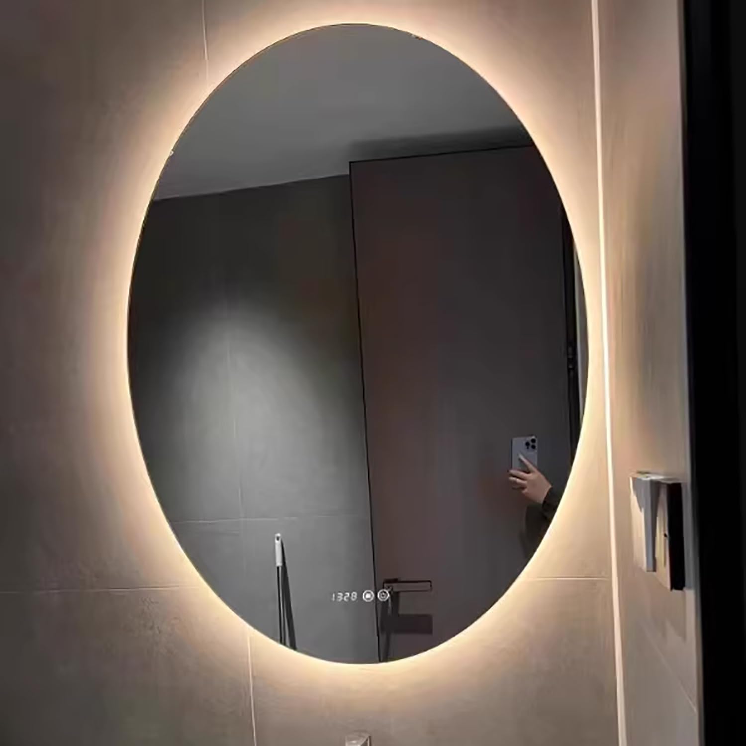 Lustro ścienne podświetlane LED, owalne, 100 cm, duże, bez ramki, z podświetleniem, włącznikiem dotykowym, nieparujące, inteligentne lustro łazienkowe, 3 kolory światła, możliwość ściemniania