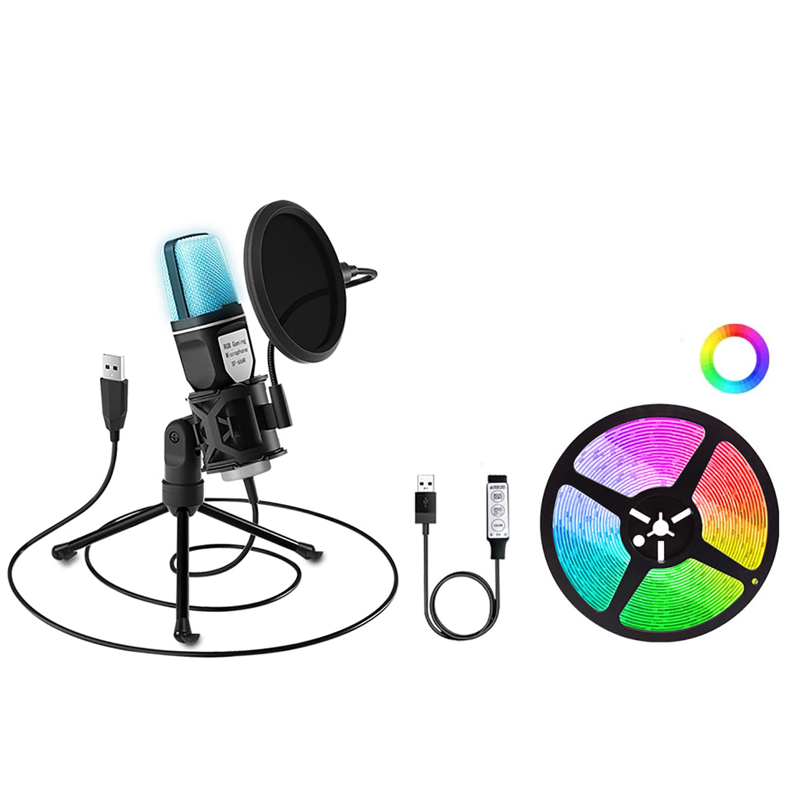 Mikrofon Komputerowy, RGB 7 Mikrofon Do Grania Z Gradientem Kolorów Z Filtrem Pop I Składanym Stojakiem Do Studia Podcastów Streaming Laptop Komputer Stacjonarny