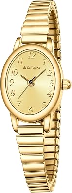 BOFAN Small Gold Watches for Women Easy Read Ladies Quartz Wrist Watch with Stainless Steel Expansion Band,Waterproof.