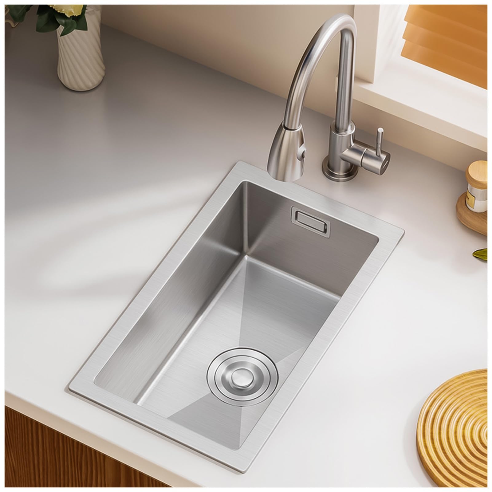 ZQFHSX Stainless Steel Kitchen Sink, Square Outdoor Campervan Sink,Undermount Sink Drop In, Topmount Single Bowl With Drainer Fittings(Silver,38x26cm)
