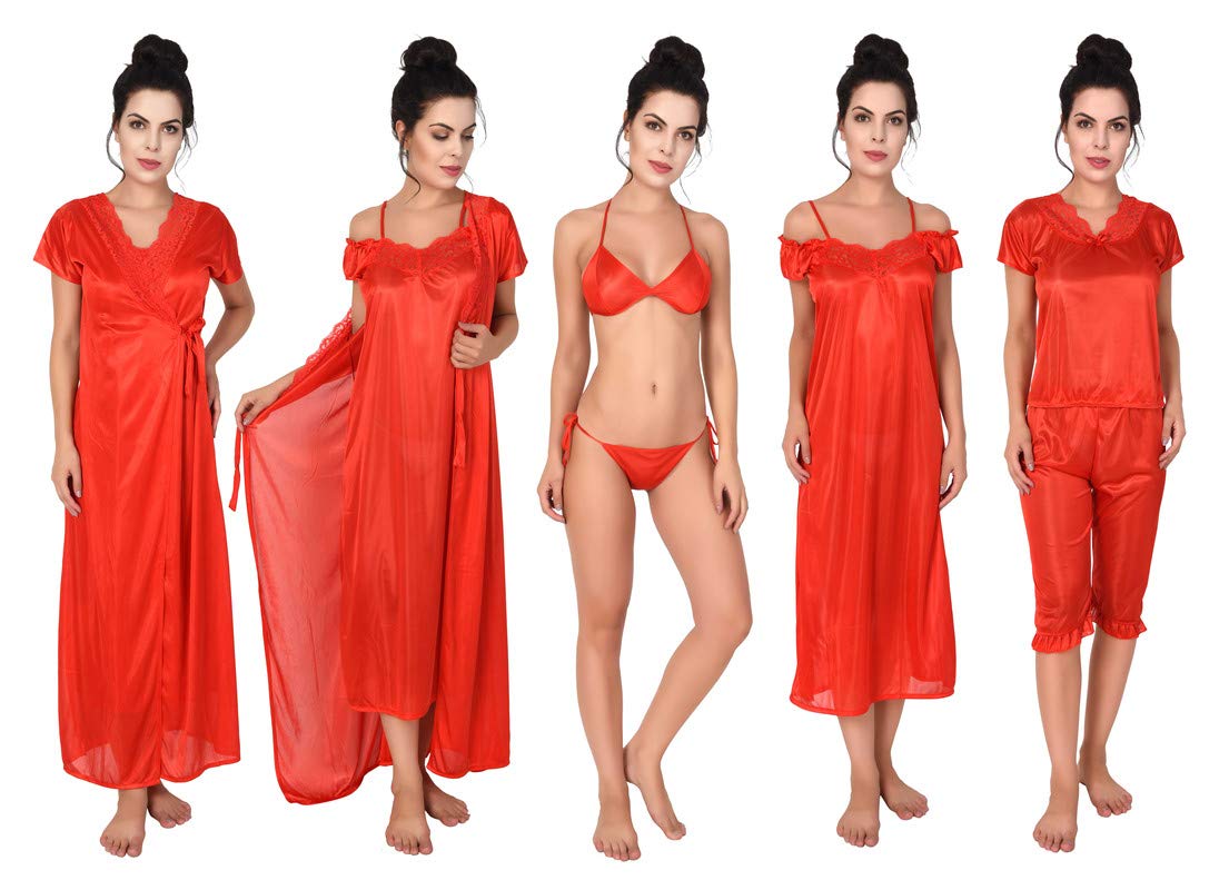 F.N.K STYLE Women's Satin Plain/Solid Nightwear Set Pack of 6 (FNK-6PCSL-20-S_Red_Small)