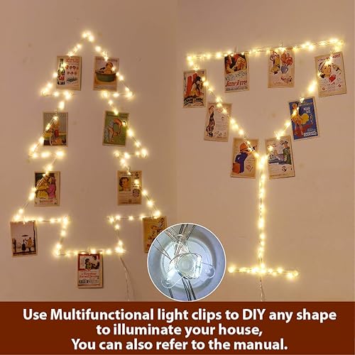 Miniatura 4 de HXWEIYE Guirnalda de luces blancas cálidas, temporizador y 8 modos, 100 luces LED de 33 pies con 52 clips transparentes y 12 ganchos en la pared