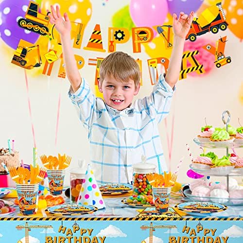 Construction Party Supplies,128 Pcs Construction Party Tableware Set Include Construction Birthday Party Plates Cups Napkins Tablecloth Banner ect Digger Party Supplies Decorations, Serves 16 Guests