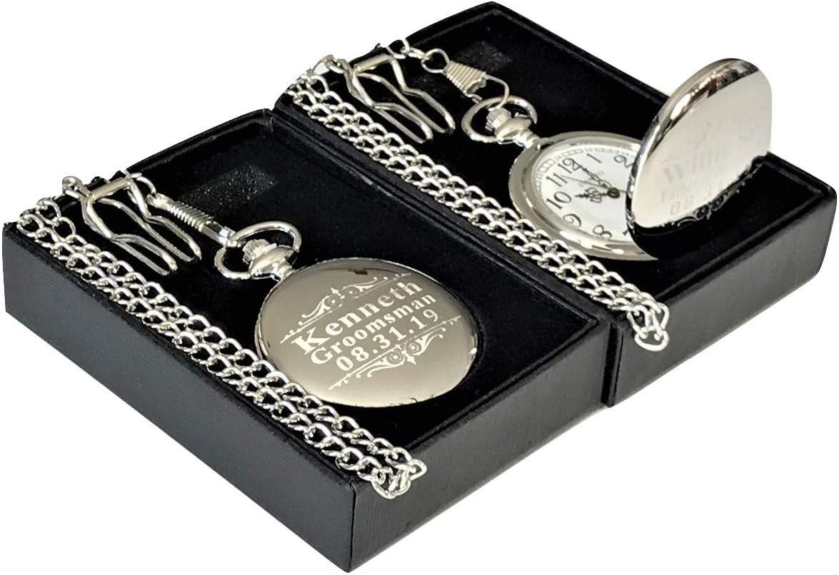 Eternity Engraving inc Engraved Pocket Watch, Groomsmen Watch with Box and Chain Included, Men's Wedding Gift