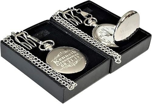 Engraved Pocket Watch, Groomsmen watch with box and chain included, Men's Wedding gift