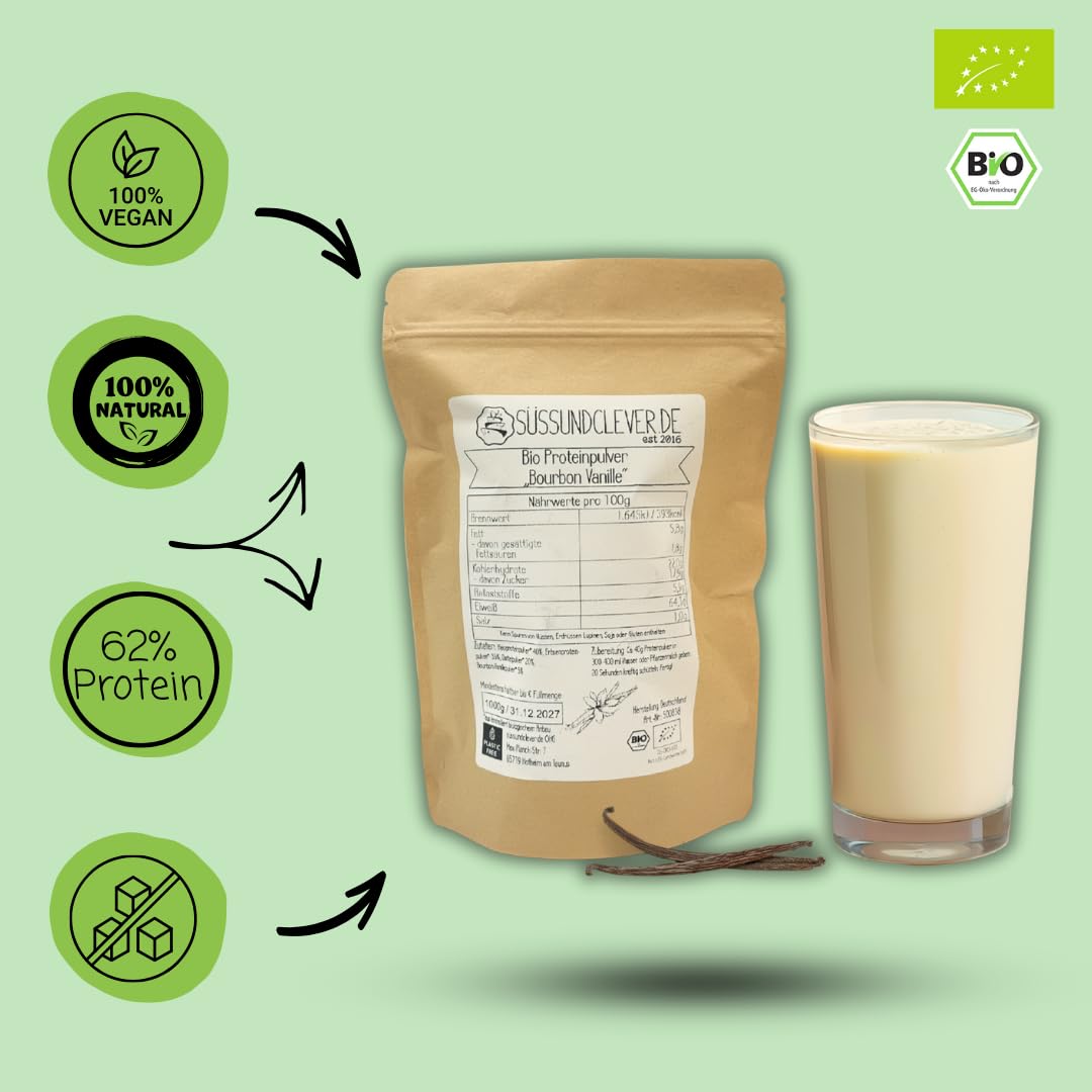 süssundclever.de® Bio Proteinpulver "Bourbon Vanille" | 500g | vegan | 62% Protein | mit Dattelsüße und Bourbon Vanille | mit Reisprotein, Mandelprotein & Erbsenprotein | ohne Zuckerzusatz