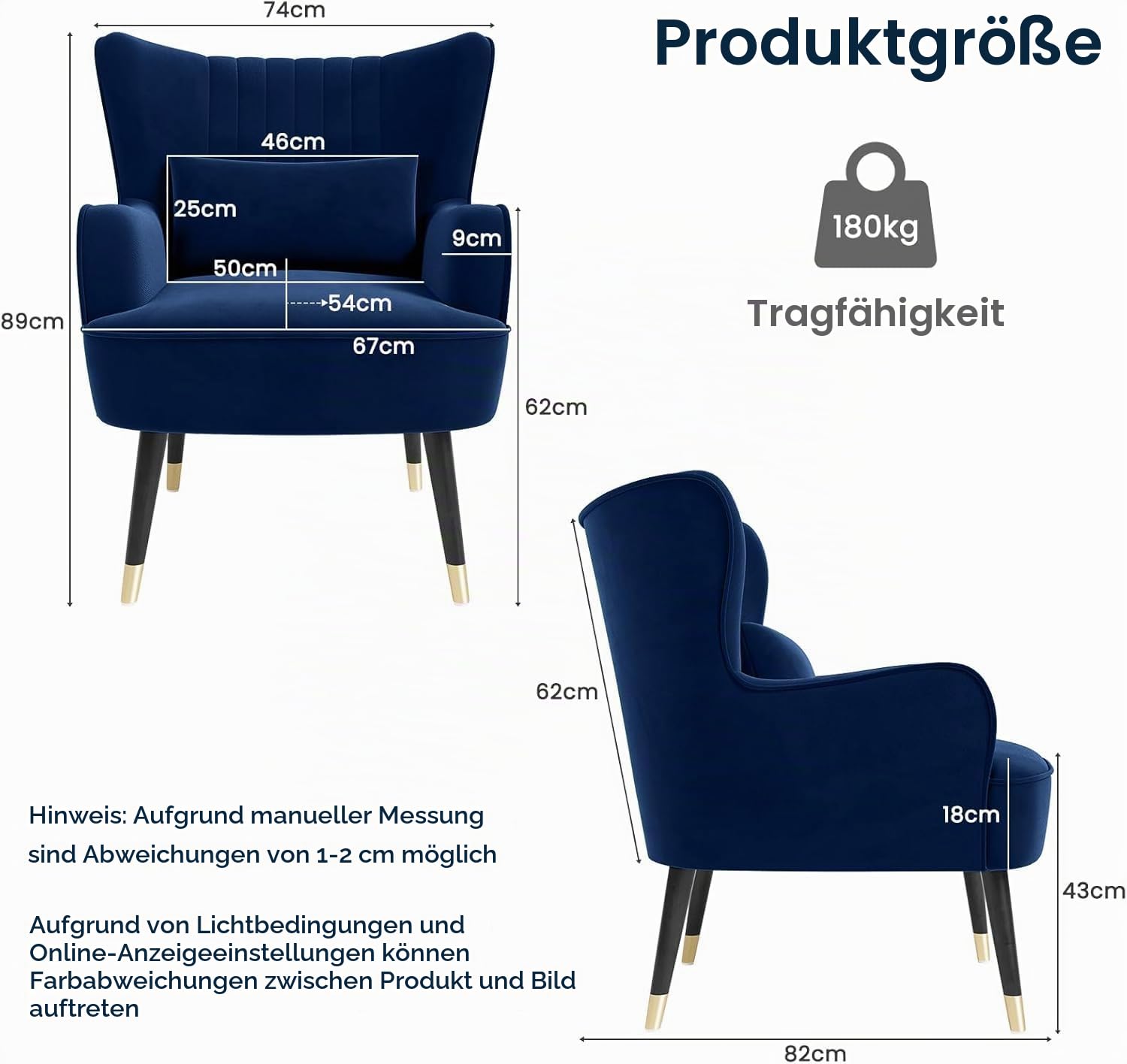 Vesgantti Samt Sessel, Moderne Relaxsessel mit Holzbein, Loungesessel mit Armlehnen, Ohrensessel für Wohnzimmer Schlafzimmer (Blau, Ohne Fußhocker)