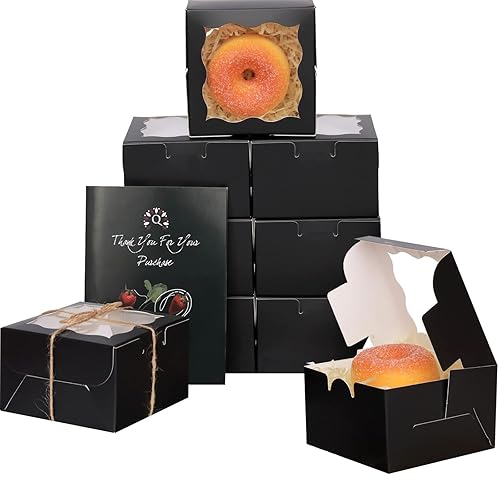 qiqee Cajas de panadería negras con ventana de 4 x 4 x 2.5 pulgadas, 100 paquetes de mini cajas de galletas para macarrones, cajas de pastelería