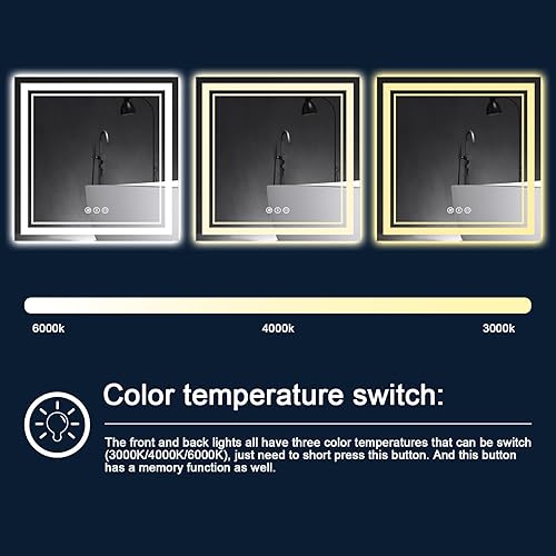 Miniatura 14 de Espejo de baño LED de 40 x 32 pulgadas, luz frontal y retroiluminada, antiniebla, regulable, espejo de tocador iluminado con memoria, espejo LED
