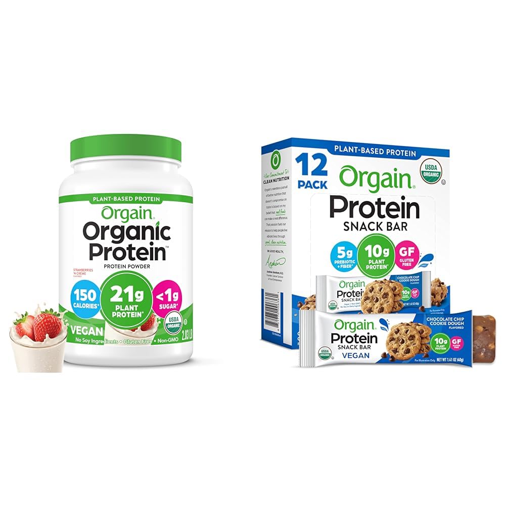 Bundle of Orgain Organic Vegan Protein Powder, Strawberries & Cream - 21g Plant Based Protein + Orgain Organic Vegan Protein Bars, Chocolate Chip Cookie Dough -