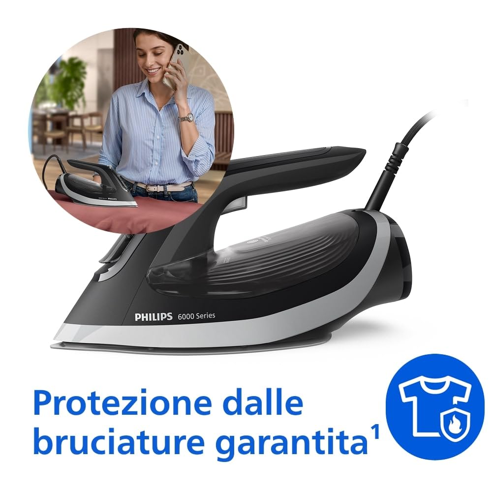 Philips Serie 6000 Ferro da Stiro a Vapore – OptimalTEMP anti-bruciatura, colpo di vapore 190 g, vapore continuo 45 g/min, piastra SteamGlide Plus, anti-goccia e spegnimento automatico (DST6120/80)