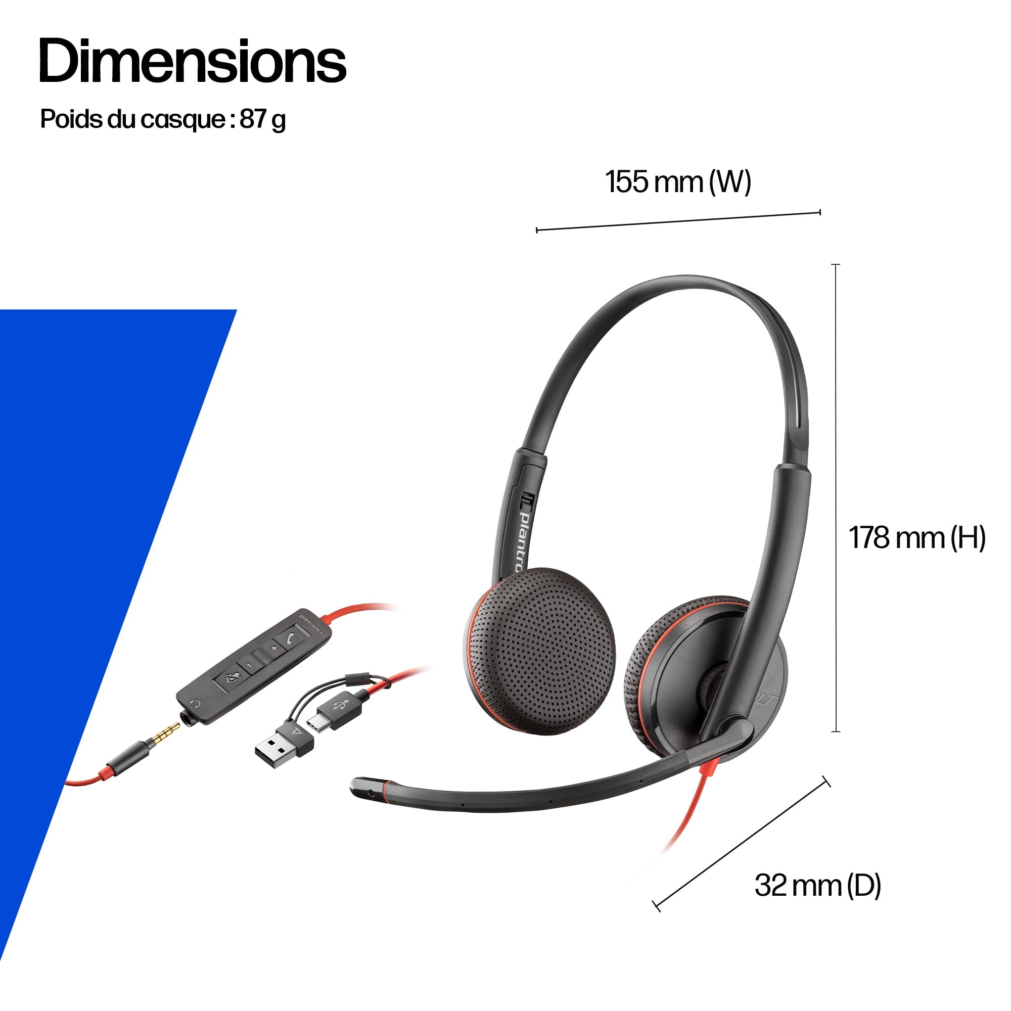 Micro-casque filaire Poly Blackwire 3225 – Microphone antibruit – Conception binaurale – Connexion à un PC/Mac/téléphone portable via USB-C, USB-A ou prise Jack 3,5 mm - Fonctionne avec Teams et Zoom