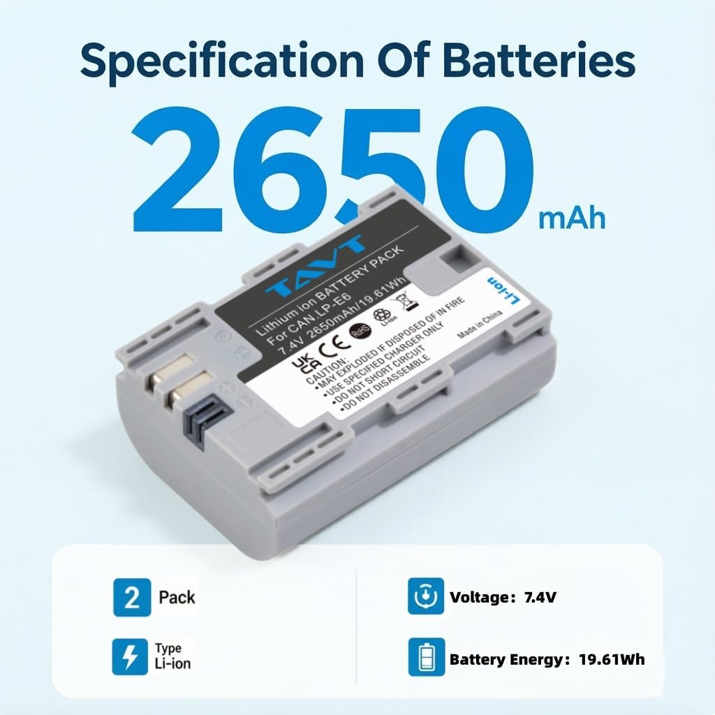 2-Pack 2650mAh LP-E6 Battery & PD20W Fast Charger+SD Card Slots – Compatible with Canon EOS R5, R6, R7, 5D (II/III/IV), 5DS, 5DS R, 6D, 7D, 60D-90D, XC10