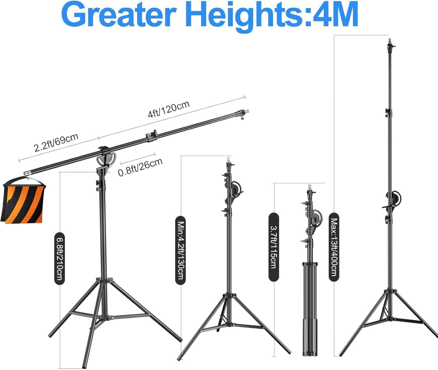 EMART Lichtstativ 400cm, Luftgepolstertes Aluminium Lampenstativ Licht Stativ, Verstellbares Stativ Galgenstativ Lichtständer für Softbox, Studiolicht, Blitz, Schirm