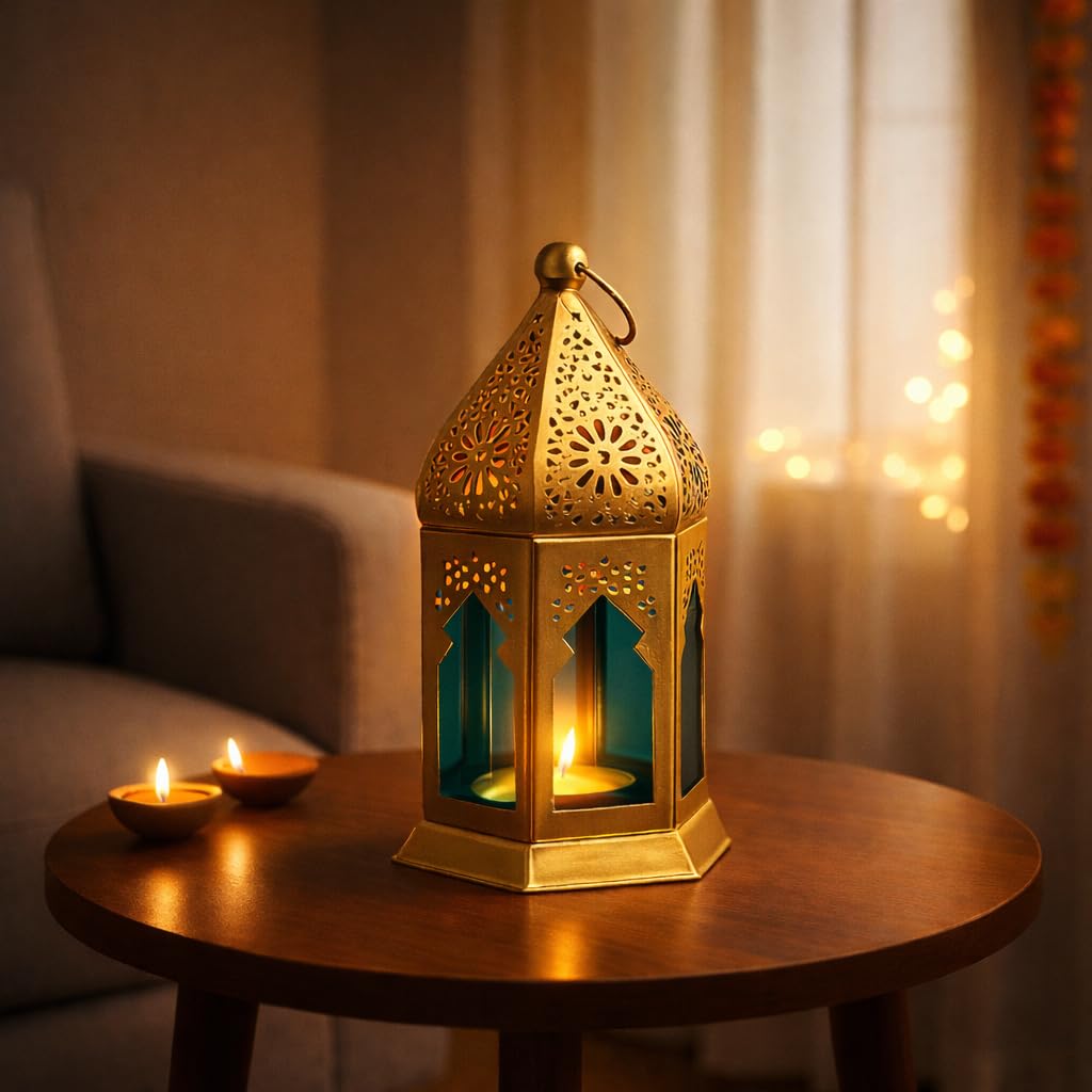 Market99 Metal+Glass Moroccan Lantern with Plain Glass | for Diwali, Christmas, Birthday, and Wedding | Decorative Candle Holder for Home Decor & Festive Season | Golden & Blue